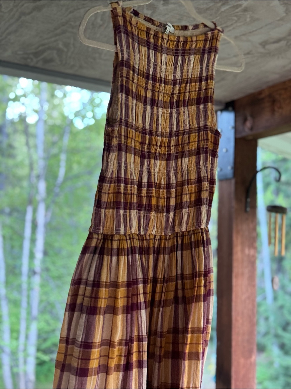 Madewell Smocked Boatneck Maxi Dress in Plaid Seersucker Afternoon Fuchsia